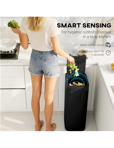 HOMCOM 50L Sensor Bin, Automatic Kitchen Bin, Manual Override, Battery Operated, Inner-Bucket-Free, for Kitchen, Bedroom, Black