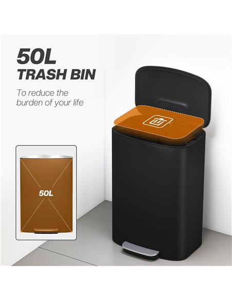 HOMCOM 50L Kitchen Bin with Soft-Close Lid and Stay-Open Function, Stainless Steel Pedal Bin with Removable Inner Bucket, Carry  - pic 172935 | FastDaddyshop