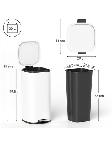 HOMCOM 30L Kitchen Bin, Compact Pedal Bin with Soft-Close and Stay-Open Lid, Removable Bucket for Kitchen, Home, Office, White