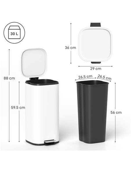 HOMCOM 30L Kitchen Bin, Compact Pedal Bin with Soft-Close and Stay-Open Lid, Removable Bucket for Kitchen, Home, Office, White - pic 172970 | FastDaddyshop