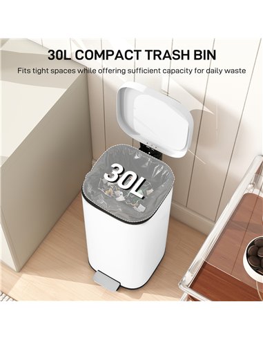 HOMCOM 30L Kitchen Bin, Compact Pedal Bin with Soft-Close and Stay-Open Lid, Removable Bucket for Kitchen, Home, Office, White
