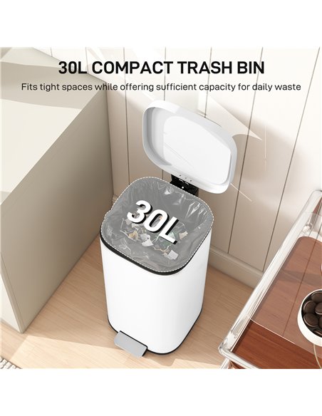 HOMCOM 30L Kitchen Bin, Compact Pedal Bin with Soft-Close and Stay-Open Lid, Removable Bucket for Kitchen, Home, Office, White - pic 172971 | FastDaddyshop