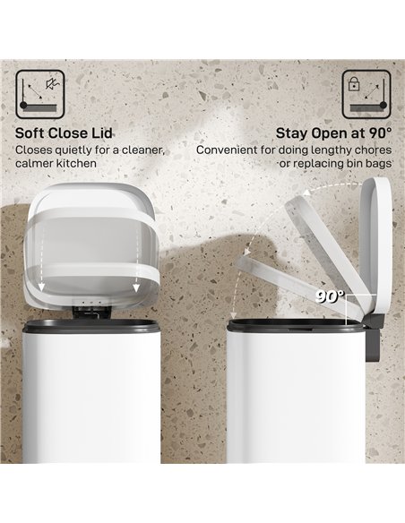 HOMCOM 30L Kitchen Bin, Compact Pedal Bin with Soft-Close and Stay-Open Lid, Removable Bucket for Kitchen, Home, Office, White - pic 172972 | FastDaddyshop