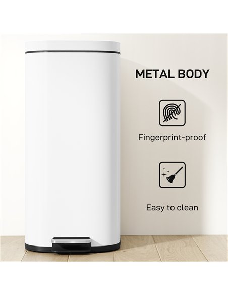 HOMCOM 30L Kitchen Bin, Compact Pedal Bin with Soft-Close and Stay-Open Lid, Removable Bucket for Kitchen, Home, Office, White - pic 172974 | FastDaddyshop