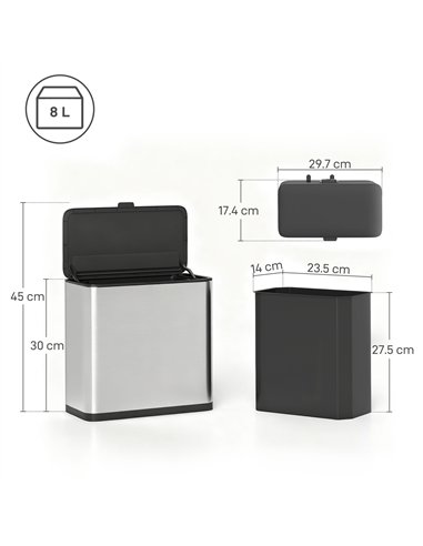 HOMCOM 8L Hanging Kitchen Bin, Rubbish bin with Lid and Removable Inner Bucket for Under Cabinet Door, Under Sink, Office