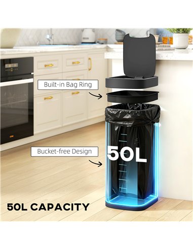 HOMCOM 50L Sensor Bin, Automatic Kitchen Bin, Manual Override, Battery Operated, Inner-Bucket-Free, for Kitchen, Bedroom