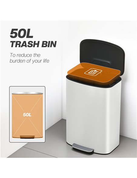 HOMCOM 50L Kitchen Bin with Soft-Close Lid and Stay-Open Function, Stainless Steel Pedal Bin with Removable Inner Bucket, Carry  - pic 172998 | FastDaddyshop