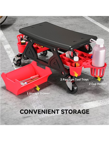 HOMCOM Rolling Mechanic Stool, 135kg Capacity Workshop Stool with 360° Swivel Wheels, Roller Creeper Seat with Slide Out Tool Tr - pic 173235 | FastDaddyshop