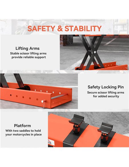 HOMCOM 500 kg Motorcycle Scissor Lift Jack, Heavy Duty Steel Adjustable Motorbike Lifting Hoist Stand with Safety Pin, Foldable  - pic 173241 | FastDaddyshop