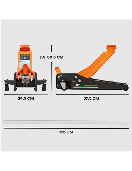 HOMCOM 3 Ton Hydraulic Low-Profile Floor Jack, with 7.5-50.5cm Lifting Range, Wheels, Orange - pic 173249 | FastDaddyshop