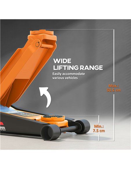 HOMCOM 3 Ton Hydraulic Low-Profile Floor Jack, with 7.5-50.5cm Lifting Range, Wheels, Orange - pic 173250 | FastDaddyshop