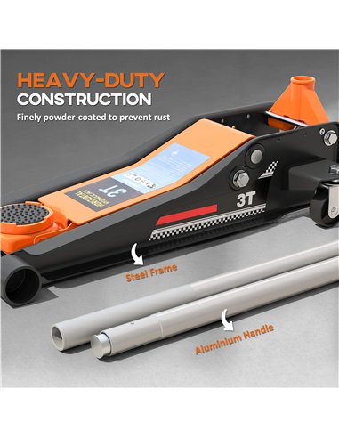 HOMCOM 3 Ton Hydraulic Low-Profile Floor Jack, with 7.5-50.5cm Lifting Range, Wheels, Orange