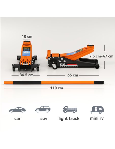 HOMCOM 2.5 Ton Hydraulic Low-Profile Floor Jack, with 7.5-47cm Lifting Range, Wheels, Orange - pic 173276 | FastDaddyshop