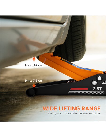 HOMCOM 2.5 Ton Hydraulic Low-Profile Floor Jack, with 7.5-47cm Lifting Range, Wheels, Orange - pic 173277 | FastDaddyshop