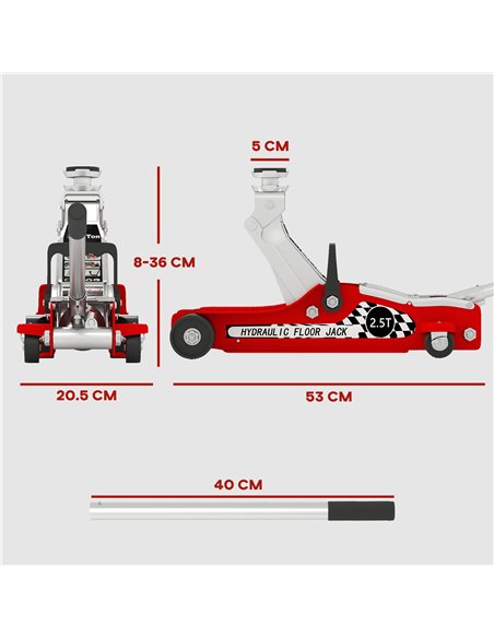 HOMCOM Hydraulic Low Profile Floor Jack, 2.5 Tonne Heavy Duty Steel Trolley Car Jack Lift with 80-360 mm Lifting Range, Wheels,  - pic 173312 | FastDaddyshop