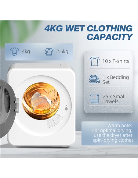 HOMCOM 4kg Vented Tumble Dryer, 800W Compact Freestanding Front Tumble Dryer with Stainless Steel Tub and Customisable Timer, Wa - pic 173395 | FastDaddyshop