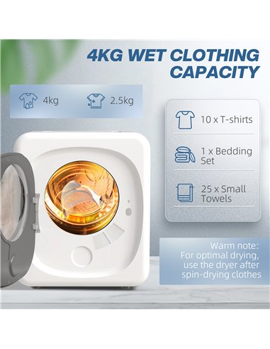 HOMCOM 4kg Vented Tumble Dryer, 800W Compact Freestanding Front Tumble Dryer with 5 Drying Mode, Smart Sensor, Timer and Stainle