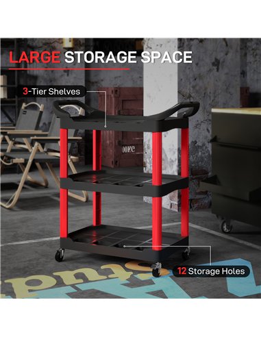 HOMCOM 3-Tier Rolling Tool Cart, Tool Trolley on Wheels, Plastic Mobile Service Utility Cart with Handles for Garage, Mechanics 