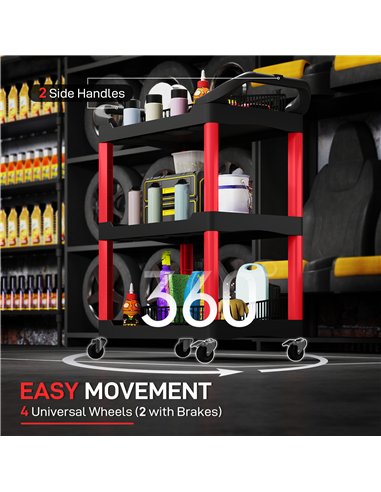 HOMCOM 3-Tier Rolling Tool Cart, Tool Trolley on Wheels, Plastic Mobile Service Utility Cart with Handles for Garage, Mechanics 