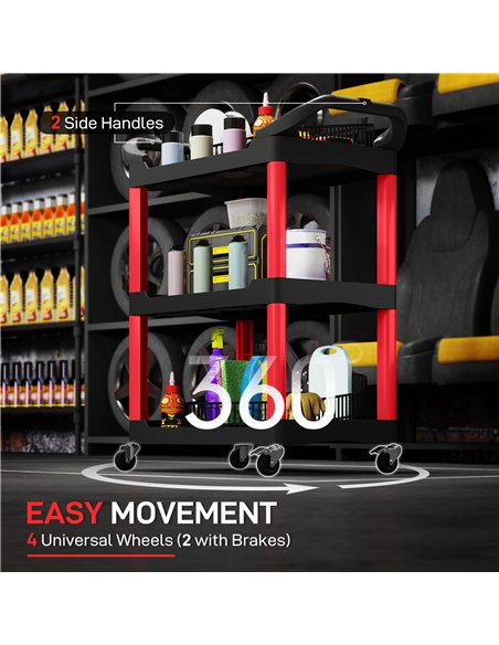 HOMCOM 3-Tier Rolling Tool Cart, Tool Trolley on Wheels, Plastic Mobile Service Utility Cart with Handles for Garage, Mechanics  - pic 173431 | FastDaddyshop