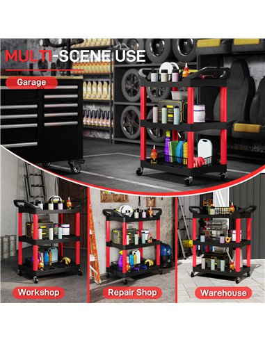 HOMCOM 3-Tier Rolling Tool Cart, Tool Trolley on Wheels, Plastic Mobile Service Utility Cart with Handles for Garage, Mechanics 