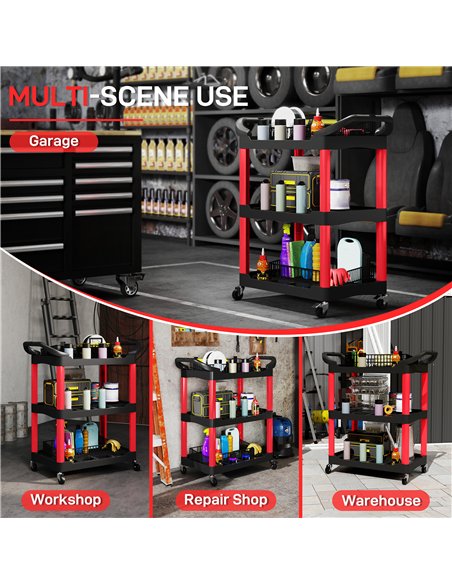 HOMCOM 3-Tier Rolling Tool Cart, Tool Trolley on Wheels, Plastic Mobile Service Utility Cart with Handles for Garage, Mechanics  - pic 173432 | FastDaddyshop