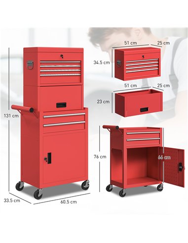 HOMCOM Three-Part Steel Locking Tool Chest - Red
