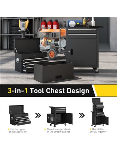 HOMCOM Three-Part Steel Locking Tool Chest - Black