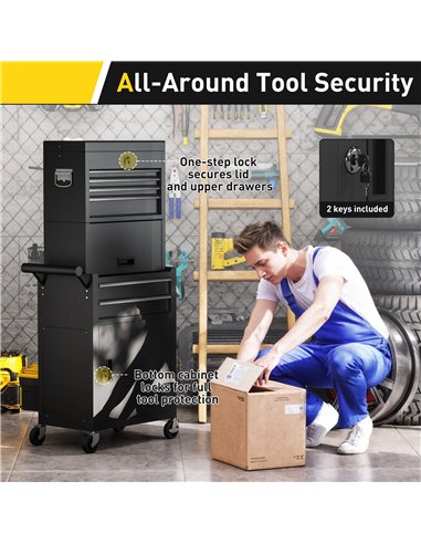 HOMCOM Three-Part Steel Locking Tool Chest - Black