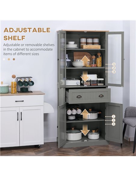 HOMCOM 180cm Tall Kitchen Pantry Cupboard, Freestanding Storage Cabinet with 5 Tier, Adjustable Shelves,  Drawer, Grey - pic 173459 | FastDaddyshop