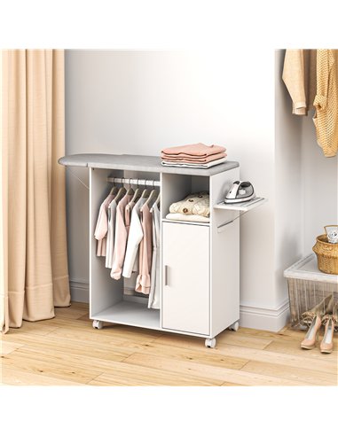 HOMCOM Rolling Ironing Board Cabinet, Foldable Ironing Station with Storage, Wheels for Home, Laundry Room, White