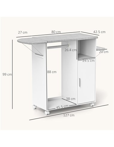 HOMCOM Rolling Ironing Board Cabinet, Foldable Ironing Station with Storage, Wheels for Home, Laundry Room, White