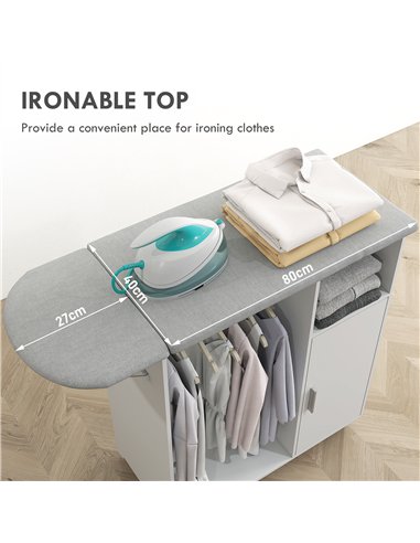 HOMCOM Rolling Ironing Board Cabinet, Foldable Ironing Station with Storage, Wheels for Home, Laundry Room, White