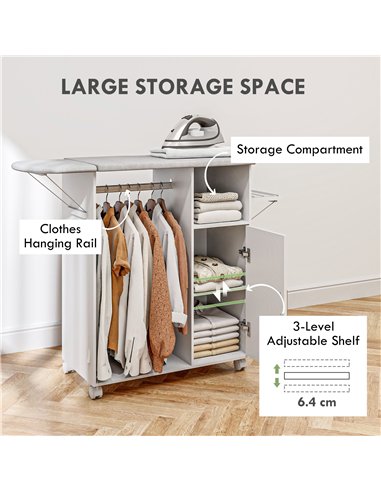 HOMCOM Rolling Ironing Board Cabinet, Foldable Ironing Station with Storage, Wheels for Home, Laundry Room, White