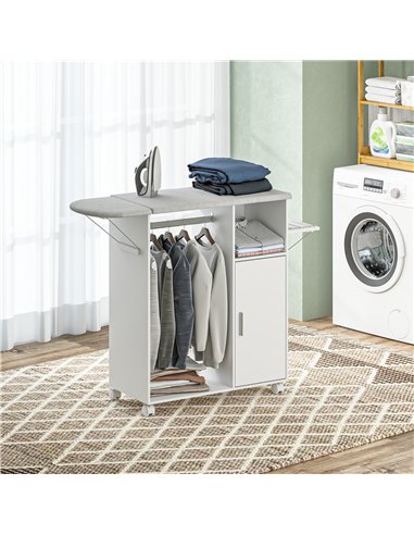 HOMCOM Rolling Ironing Board Cabinet, Foldable Ironing Station with Storage, Wheels for Home, Laundry Room, White