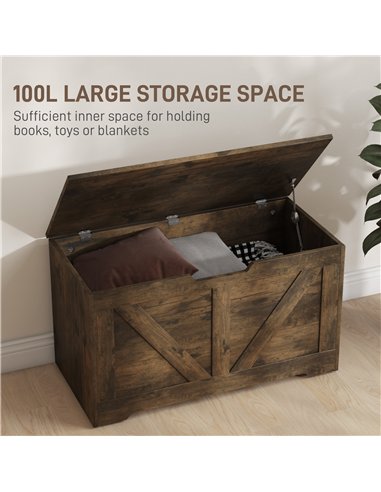 HOMCOM 100L Home Storage Box, with Safety Hinges - Rustic Brown