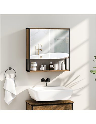 HOMCOM Bathroom Mirror Cabinet with Soft-Close Doors and Adjustable Shelf - Natural Wood Finish