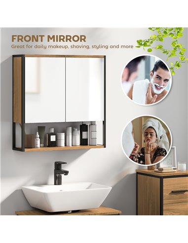 HOMCOM Bathroom Mirror Cabinet with Soft-Close Doors and Adjustable Shelf - Natural Wood Finish
