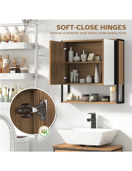 HOMCOM Bathroom Mirror Cabinet with Soft-Close Doors and Adjustable Shelf - Natural Wood Finish - pic 173584 | FastDaddyshop