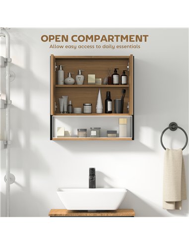 HOMCOM Bathroom Mirror Cabinet with Soft-Close Doors and Adjustable Shelf - Natural Wood Finish