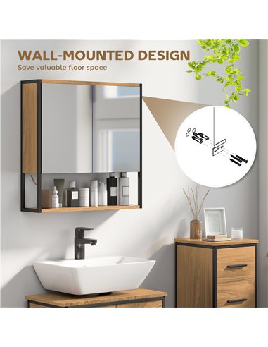 HOMCOM Bathroom Mirror Cabinet with Soft-Close Doors and Adjustable Shelf - Natural Wood Finish