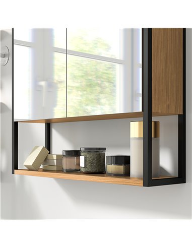 HOMCOM Bathroom Mirror Cabinet with Soft-Close Doors and Adjustable Shelf - Natural Wood Finish