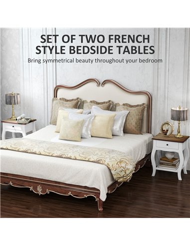 HOMCOM 2pcs Bedside Tables with Drawer, French Style Bedside Cabinets with Open Shelf for Bedroom, Living Room, White