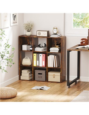 HOMCOM 3-tier 9 Cubes Storage Unit Particle Board Cupboard Bookcase Organiser Home Office Shelves, Rustic Brown