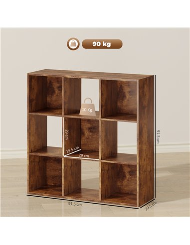 HOMCOM 3-tier 9 Cubes Storage Unit Particle Board Cupboard Bookcase Organiser Home Office Shelves, Rustic Brown