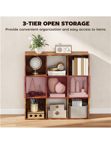 HOMCOM 3-tier 9 Cubes Storage Unit Particle Board Cupboard Bookcase Organiser Home Office Shelves, Rustic Brown