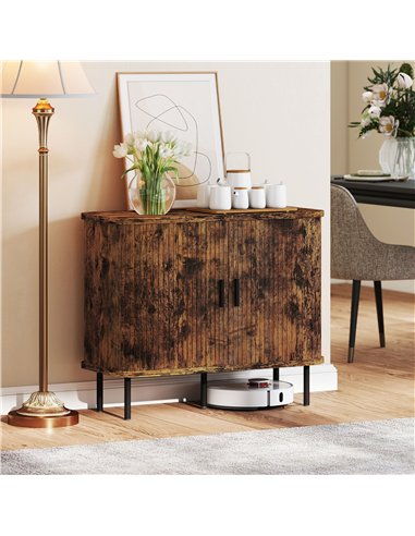 HOMCOM Mid-Century Modern Sideboard Storage Cabinet with Slatted Tambour Sliding Doors, Kitchen Cabinet with Steel Legs, Rustic 