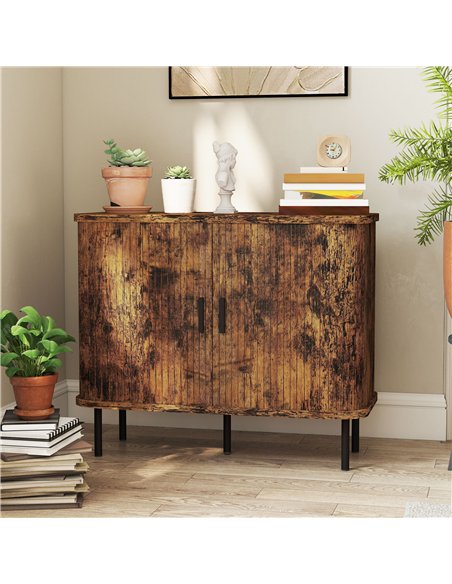 HOMCOM Mid-Century Modern Sideboard Storage Cabinet with Slatted Tambour Sliding Doors, Kitchen Cabinet with Steel Legs, Rustic  - pic 173678 | FastDaddyshop