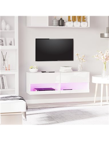 Homcom 1200mm Wall Mount TV Stand Entertainment Center with 20 Colors LED Lights, Storage & Cable Holes
