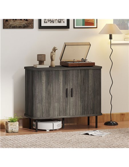 HOMCOM Mid-Century Modern Sideboard Storage Cabinet with Slatted Tambour Sliding Doors, Kitchen Cabinet with Steel Legs, Grey - pic 173689 | FastDaddyshop